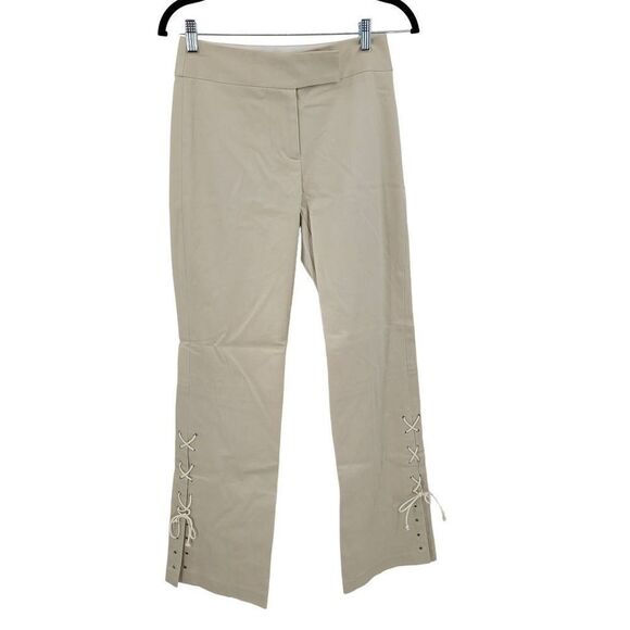 Vintage WHBM Mid Rise Bootcut Pants 2 Beige Hippie Lace Up Detail Boho USA - Picture 2 of 11